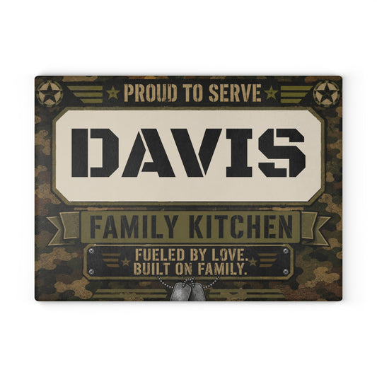 Personalized Military Camo Glass Cutting Board — “[YOUR LAST NAME] Family Kitchen: Proud to Serve”
