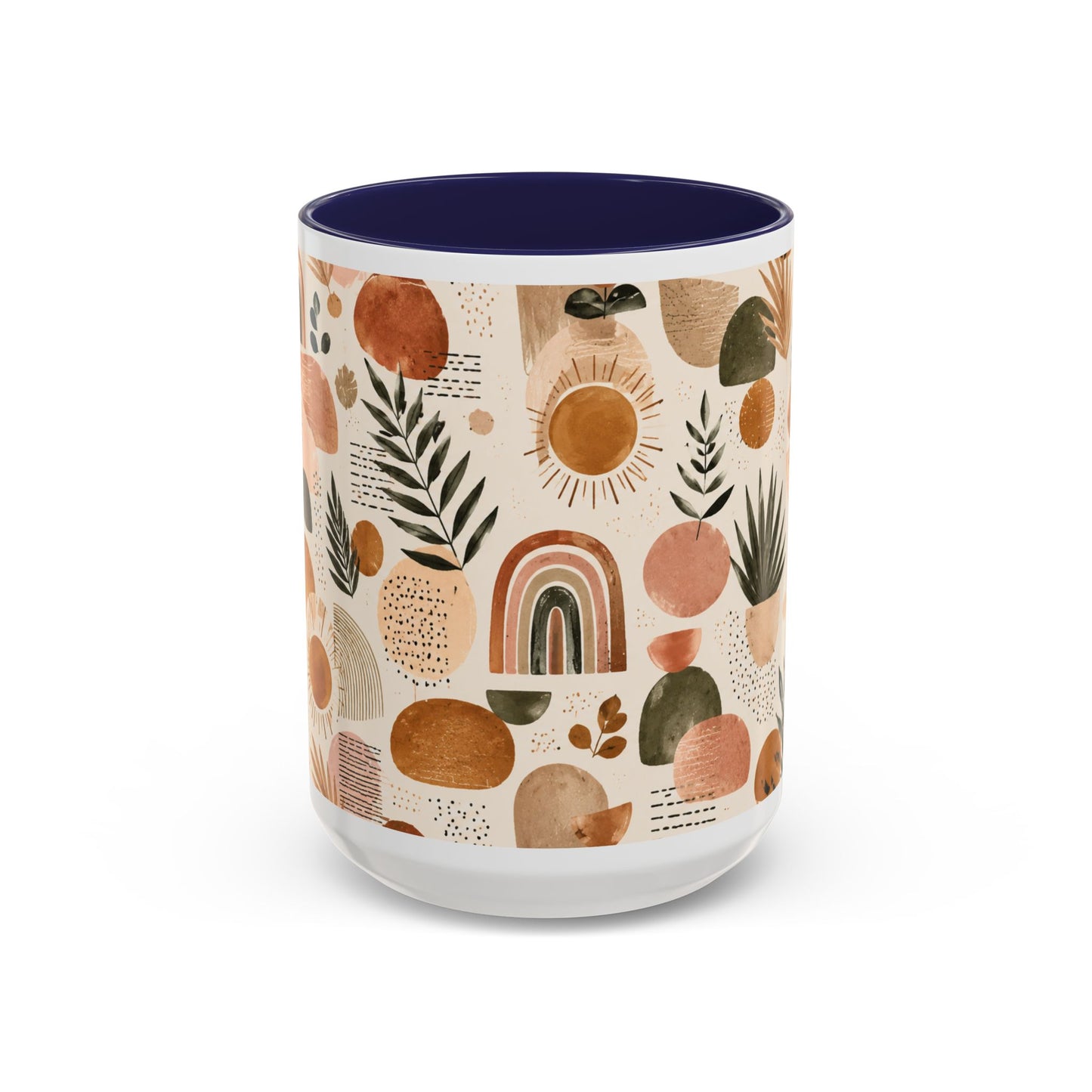 Boho Earth Tone Accent Coffee Mug — Abstract Rainbows & Plants (11/15oz)