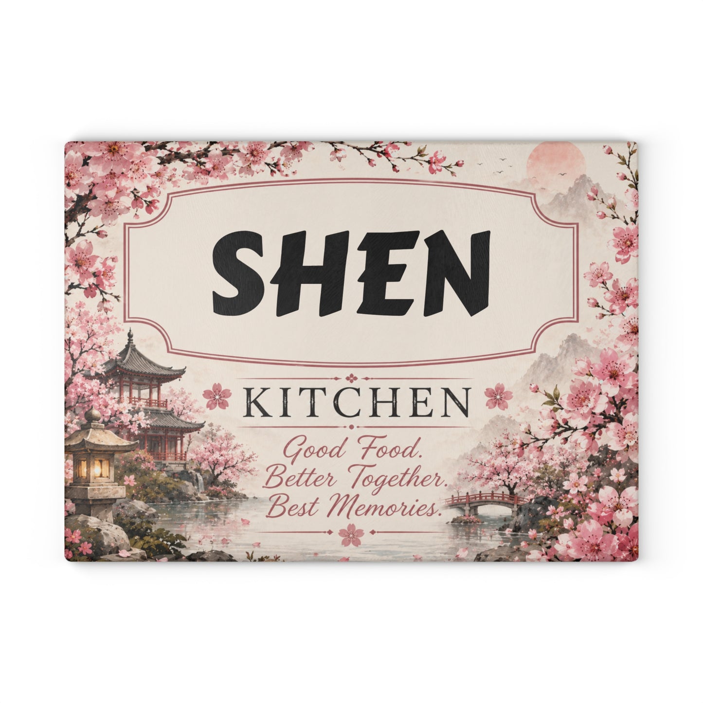 Personalized Glass Cutting Board - Cherry Blossom '[YOUR LAST NAME] Kitchen' Decorative Countertop Sign