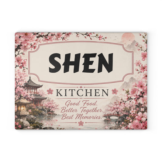 Personalized Glass Cutting Board - Cherry Blossom '[YOUR LAST NAME] Kitchen' Decorative Countertop Sign