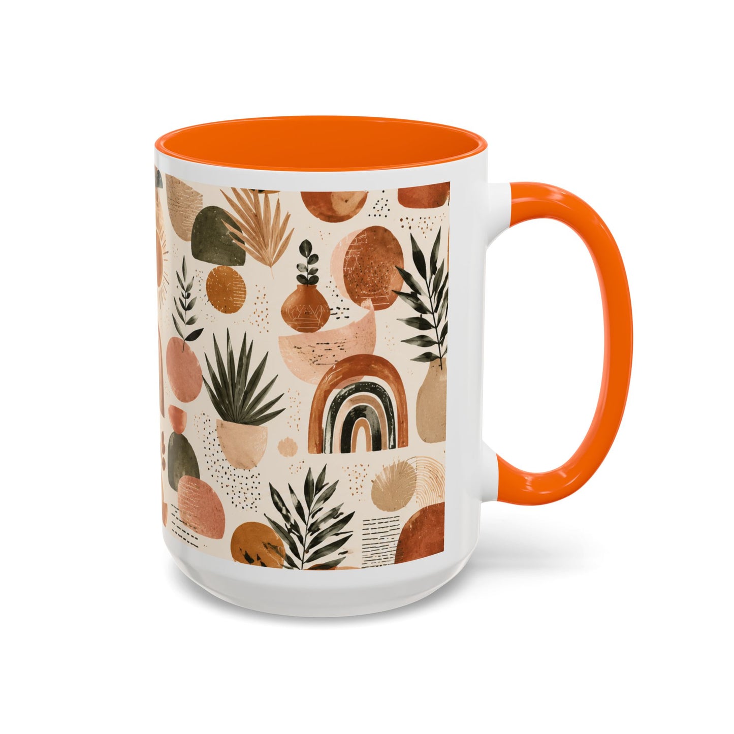 Boho Earth Tone Accent Coffee Mug — Abstract Rainbows & Plants (11/15oz)