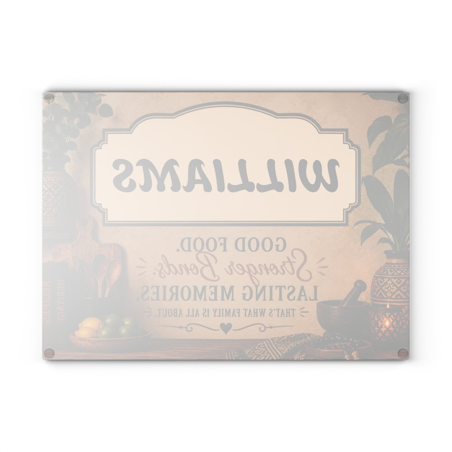 Personalized Glass Cutting Board — '[YOUR LAST NAME]' Family Kitchen Sign, 'Good Food. Stronger Bonds. Lasting Memories.'