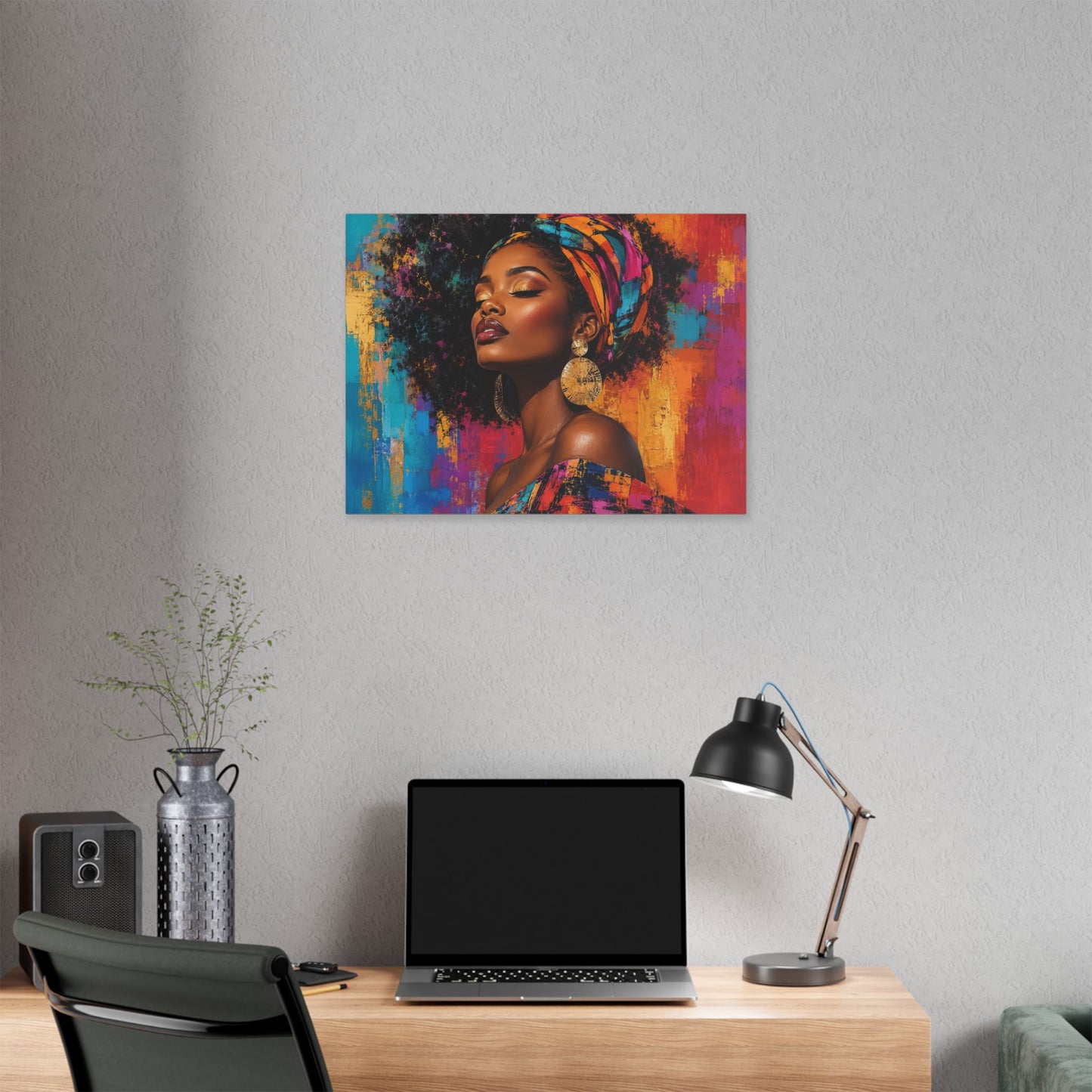 Afrocentric Woman Portrait Canvas — Colorful Headwrap Wall Art
