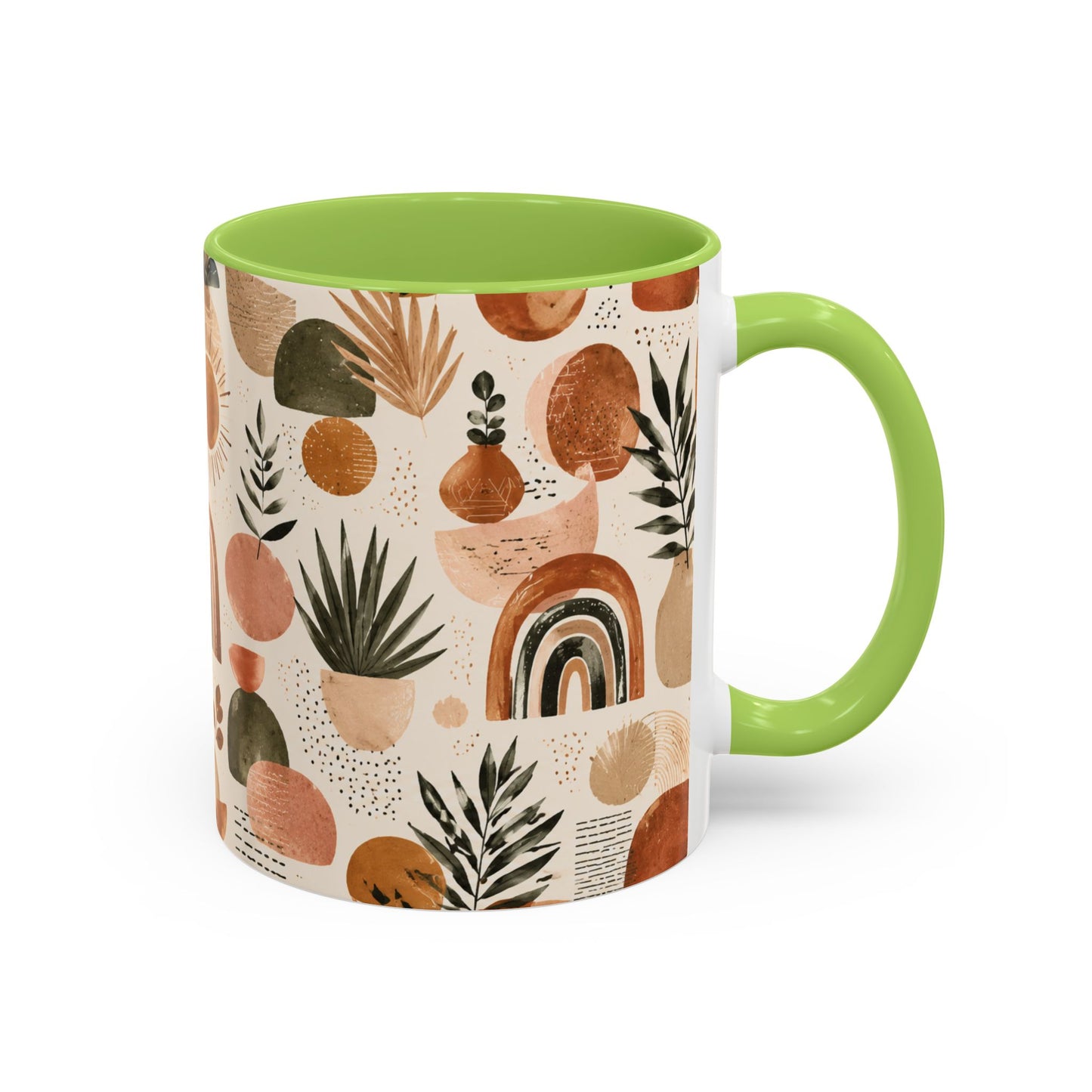 Boho Earth Tone Accent Coffee Mug — Abstract Rainbows & Plants (11/15oz)