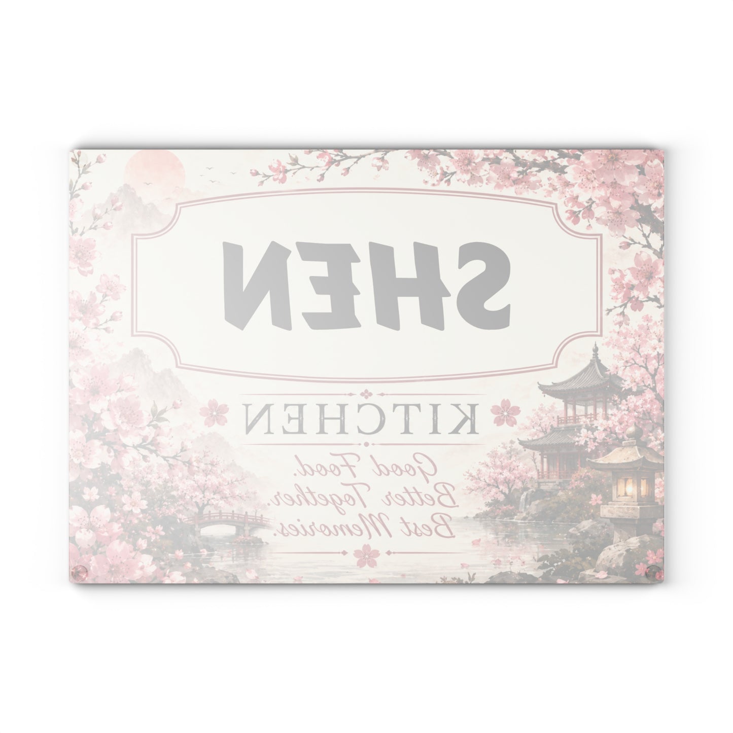 Personalized Glass Cutting Board - Cherry Blossom '[YOUR LAST NAME] Kitchen' Decorative Countertop Sign