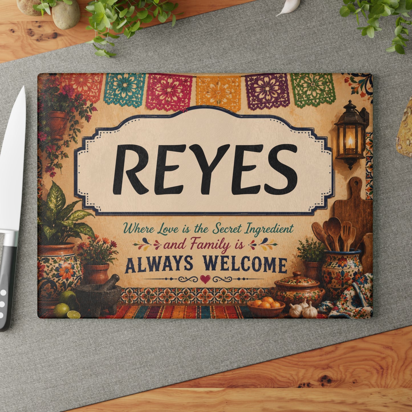 Personalized Glass Cutting Board — '[YOUR LAST NAME]' Welcome Kitchen Plaque with 'Where Love is the Secret Ingredient' Design