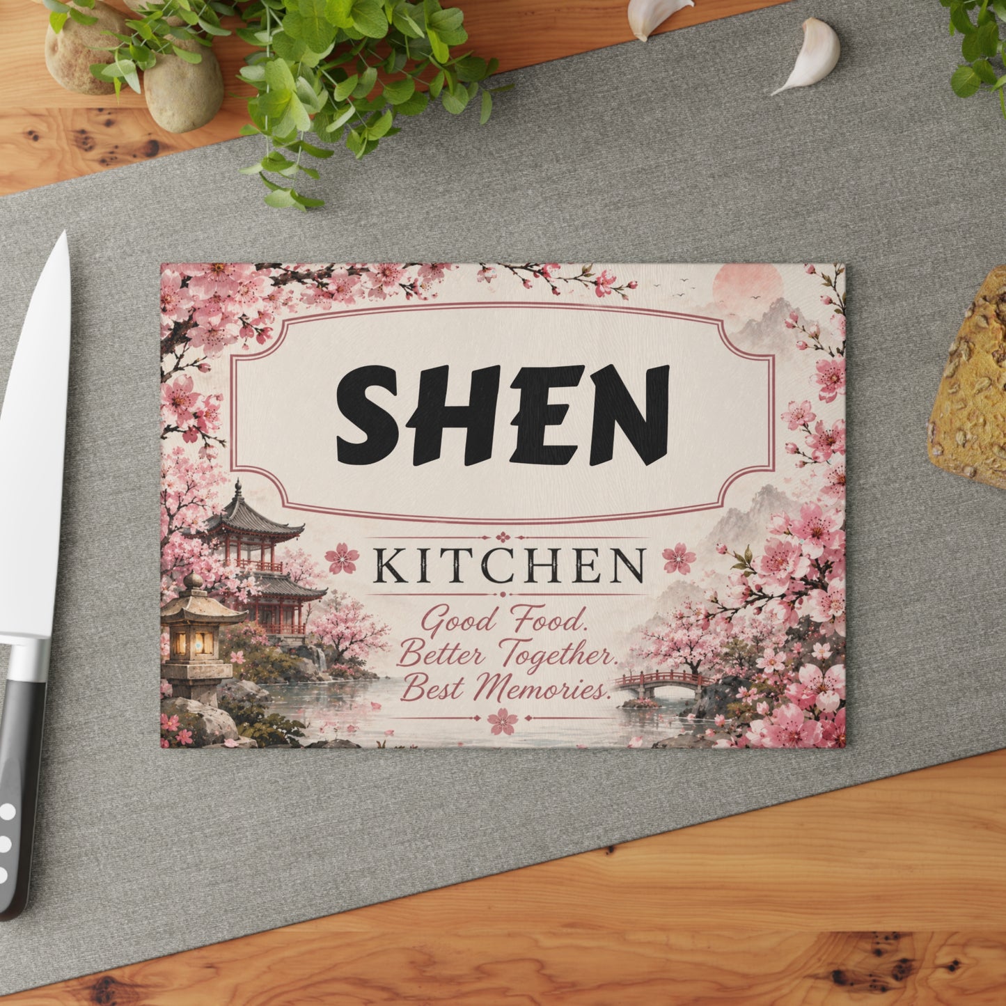 Personalized Glass Cutting Board - Cherry Blossom '[YOUR LAST NAME] Kitchen' Decorative Countertop Sign
