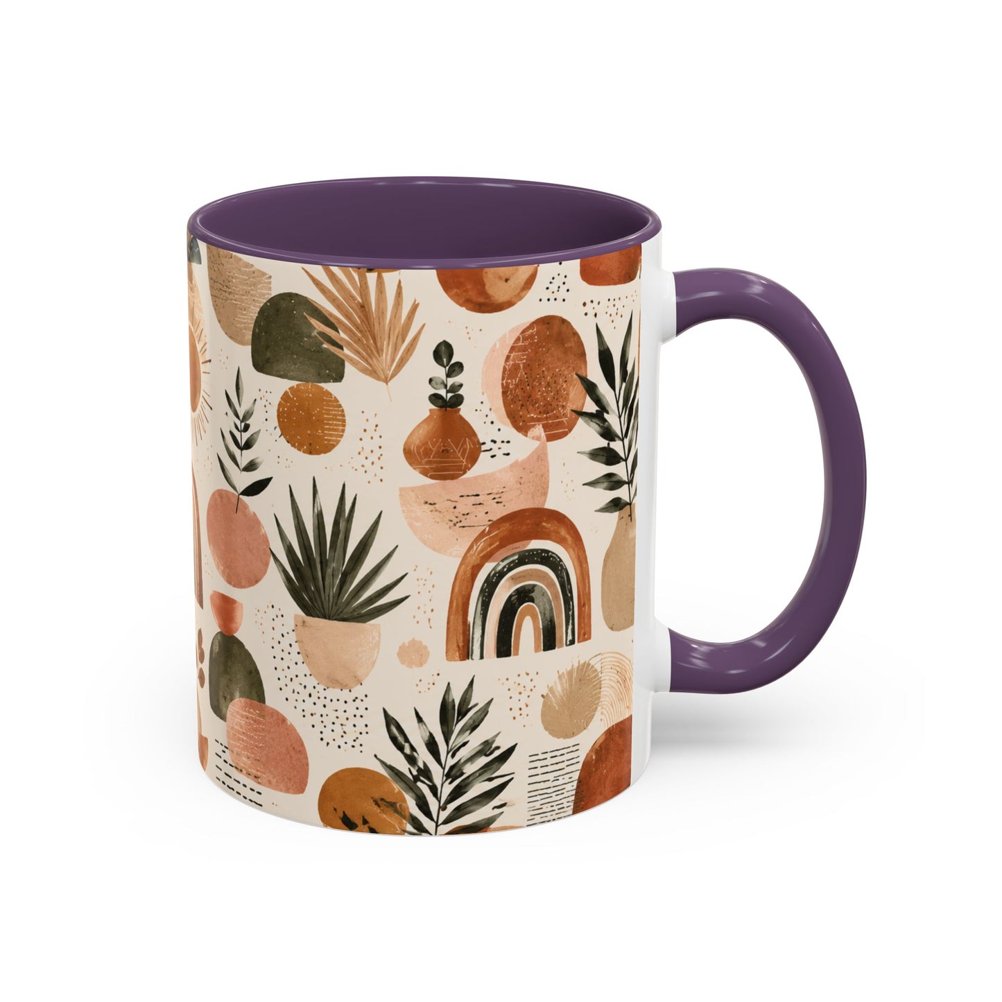 Boho Earth Tone Accent Coffee Mug — Abstract Rainbows & Plants (11/15oz)