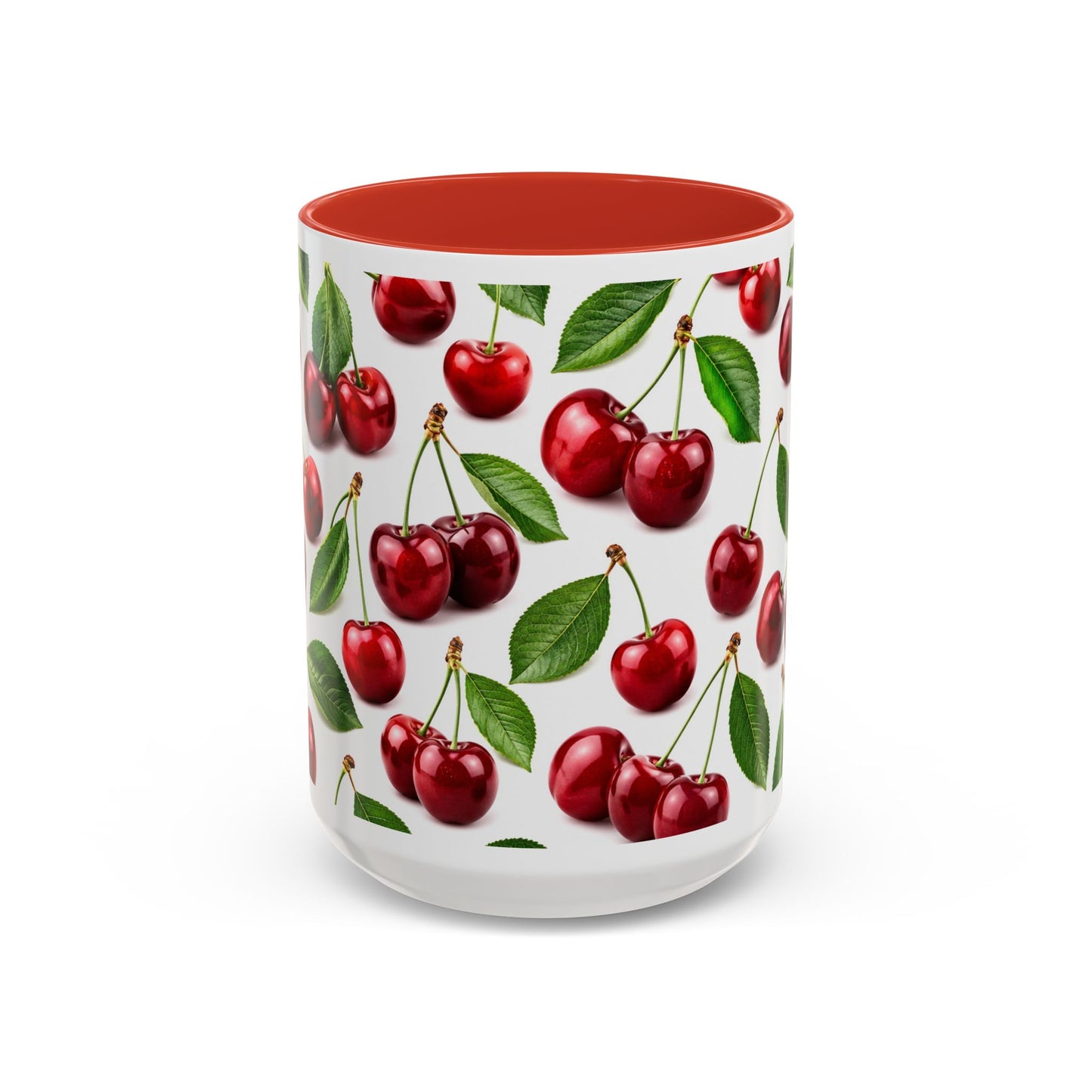 Cherry Pattern Accent Coffee Mug — Retro Red Cherry Ceramic Cup (11/15 oz)