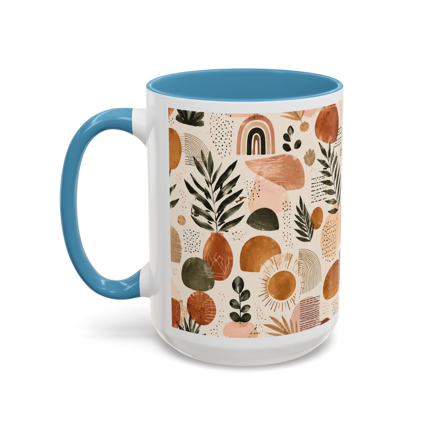 Boho Earth Tone Accent Coffee Mug — Abstract Rainbows & Plants (11/15oz)