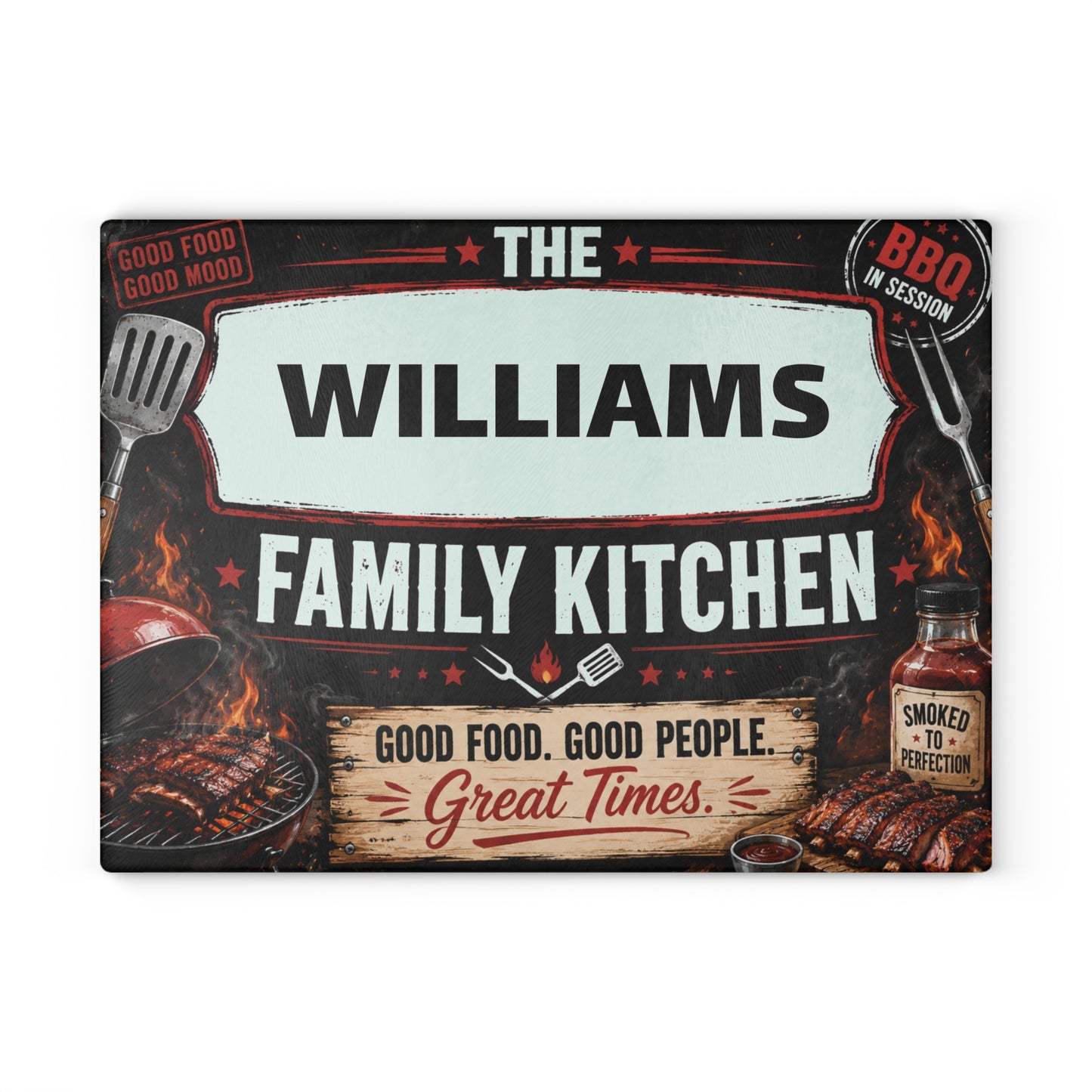 Personalized Family Kitchen Glass Cutting Board — 'The [Name] Family Kitchen' BBQ Sign Design