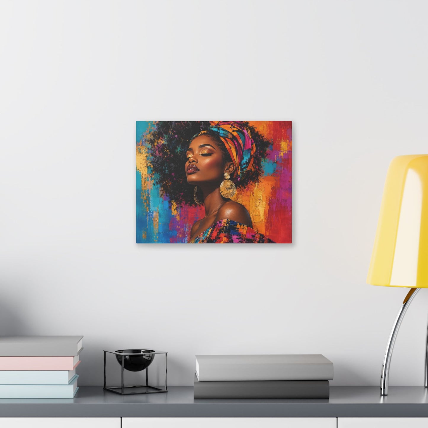 Afrocentric Woman Portrait Canvas — Colorful Headwrap Wall Art