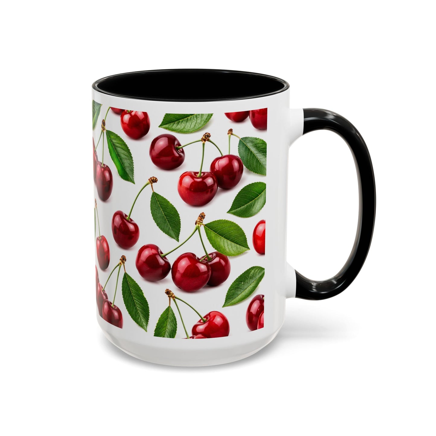 Cherry Pattern Accent Coffee Mug — Retro Red Cherry Ceramic Cup (11/15 oz)