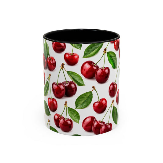 Cherry Pattern Accent Coffee Mug — Retro Red Cherry Ceramic Cup (11/15 oz)