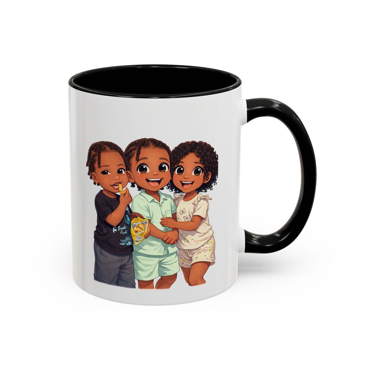 Cute Kids Trio Accent Coffee Mug — Adorable Cartoon Siblings Design (11/15oz)