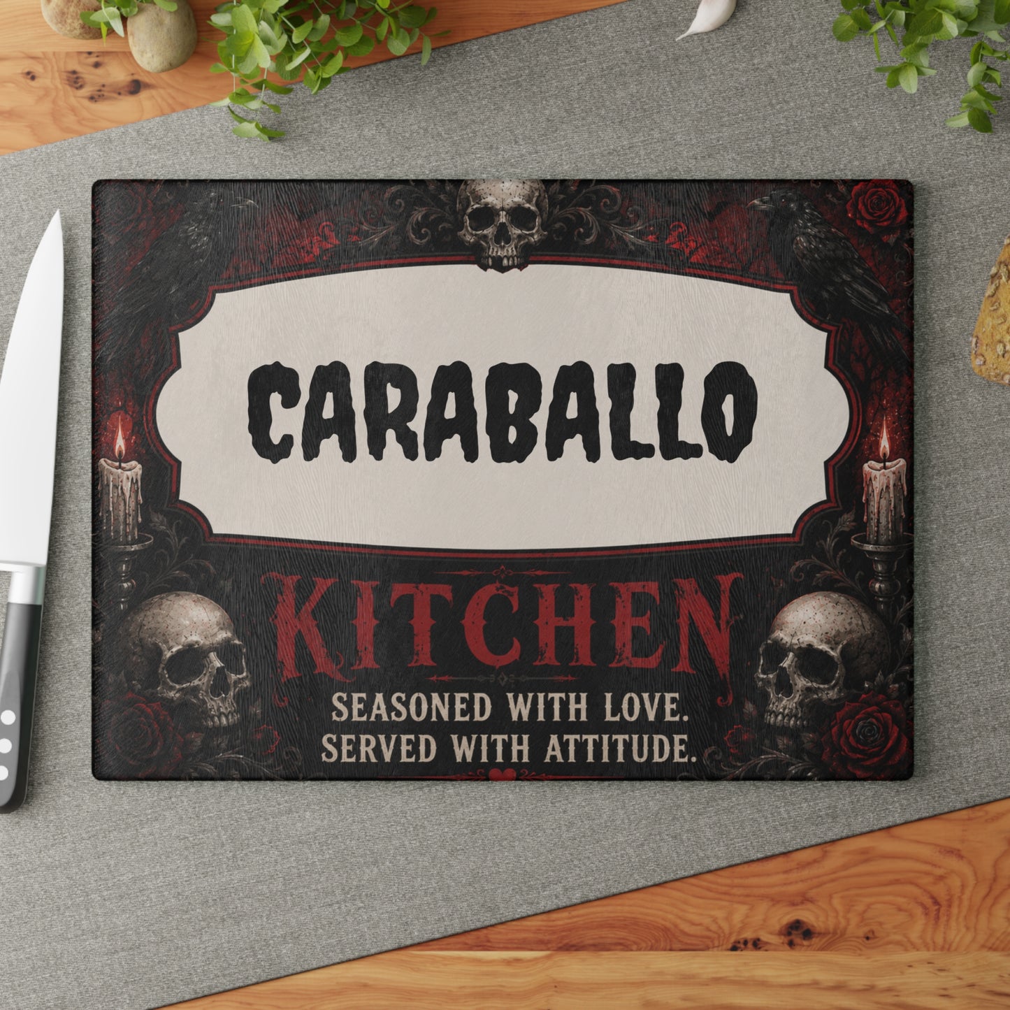 Personalized Gothic Glass Cutting Board – "CARABALLO Kitchen: Seasoned with Love, Served with Attitude"