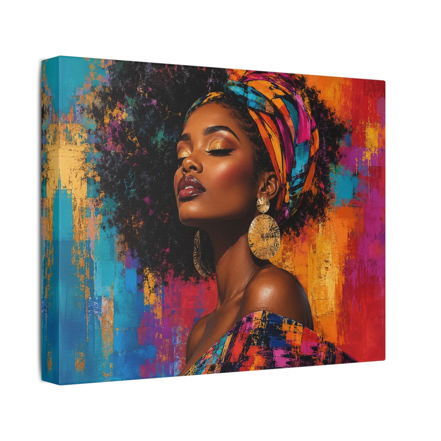Afrocentric Woman Portrait Canvas — Colorful Headwrap Wall Art