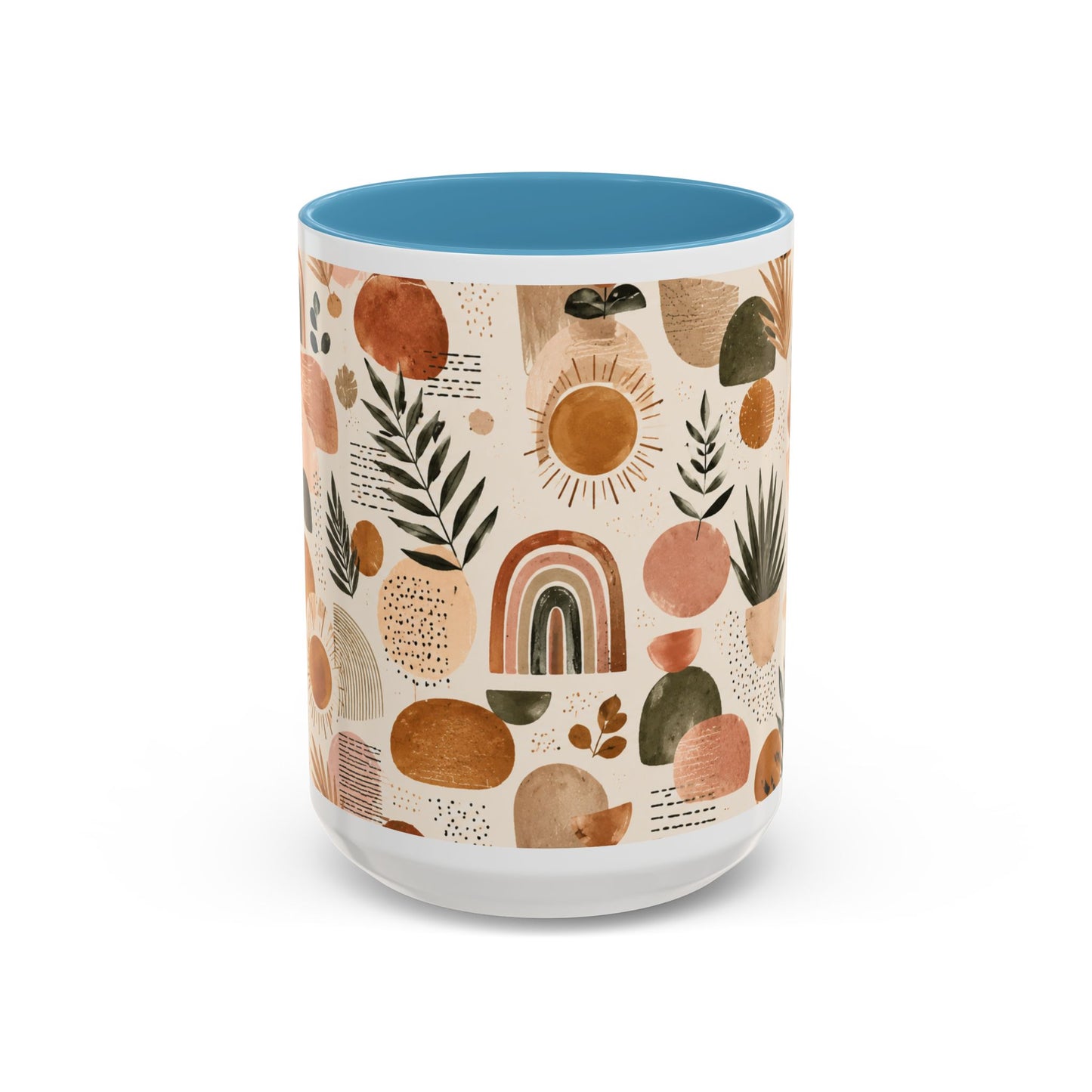 Boho Earth Tone Accent Coffee Mug — Abstract Rainbows & Plants (11/15oz)