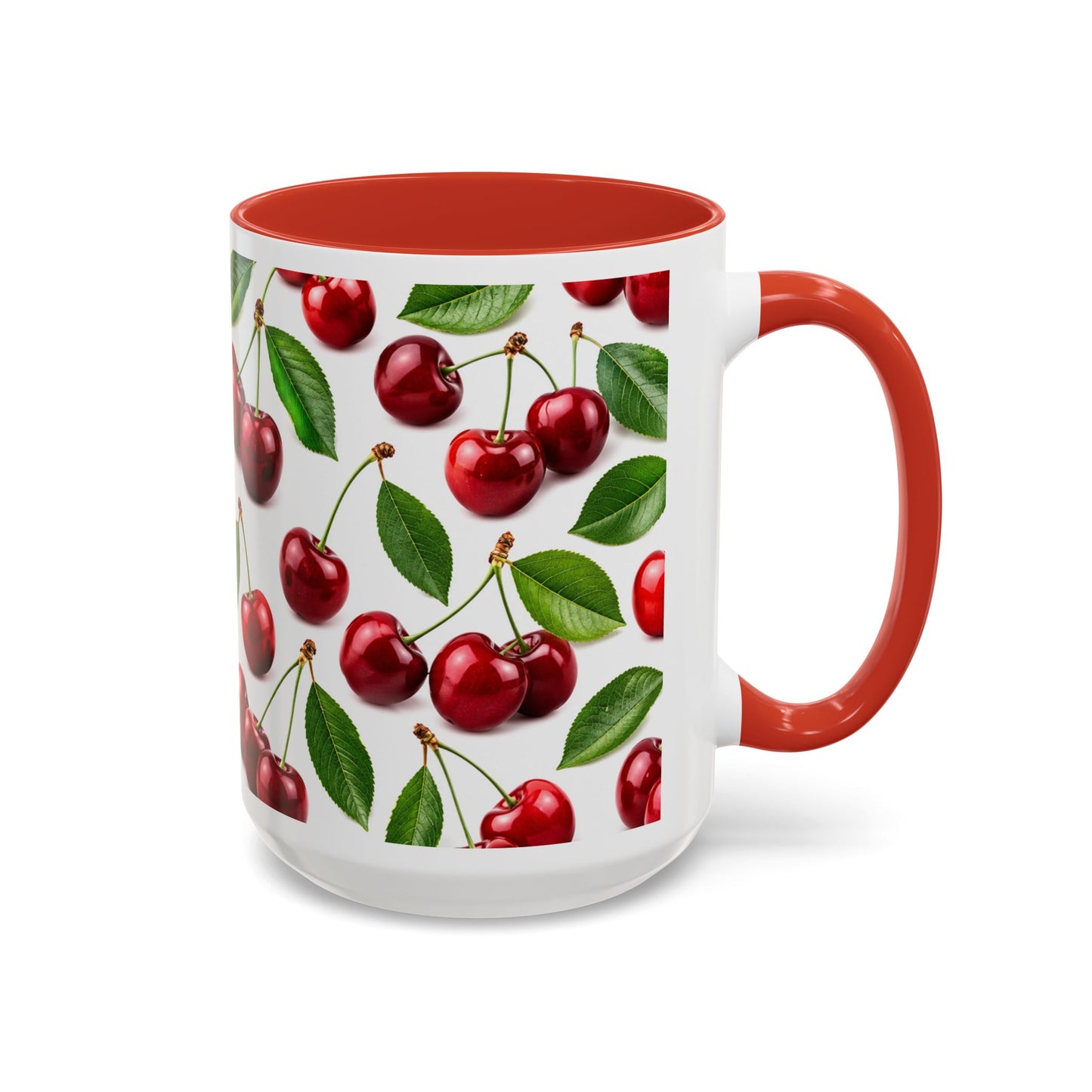 Cherry Pattern Accent Coffee Mug — Retro Red Cherry Ceramic Cup (11/15 oz)