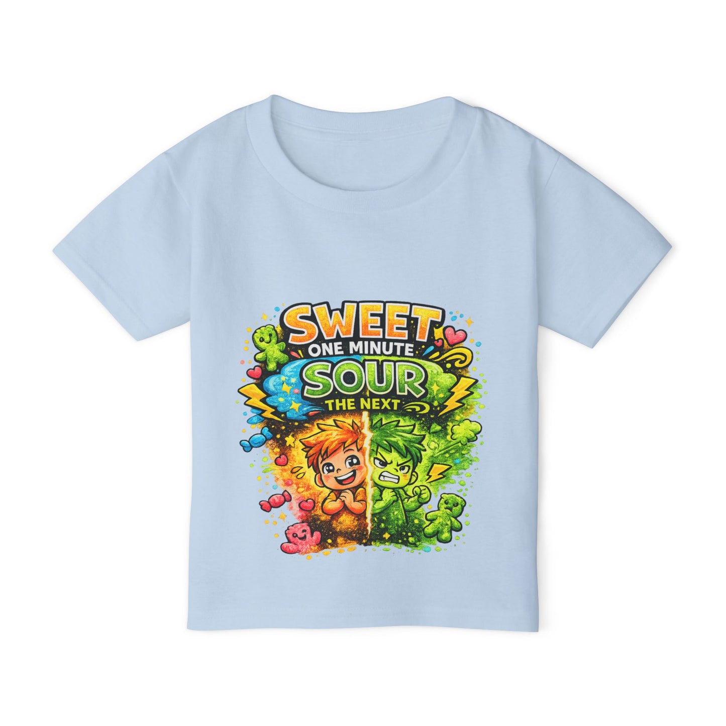 Toddler T-Shirt — "Sweet One Minute, Sour The Next" Colorful Cartoon Kids Tee
