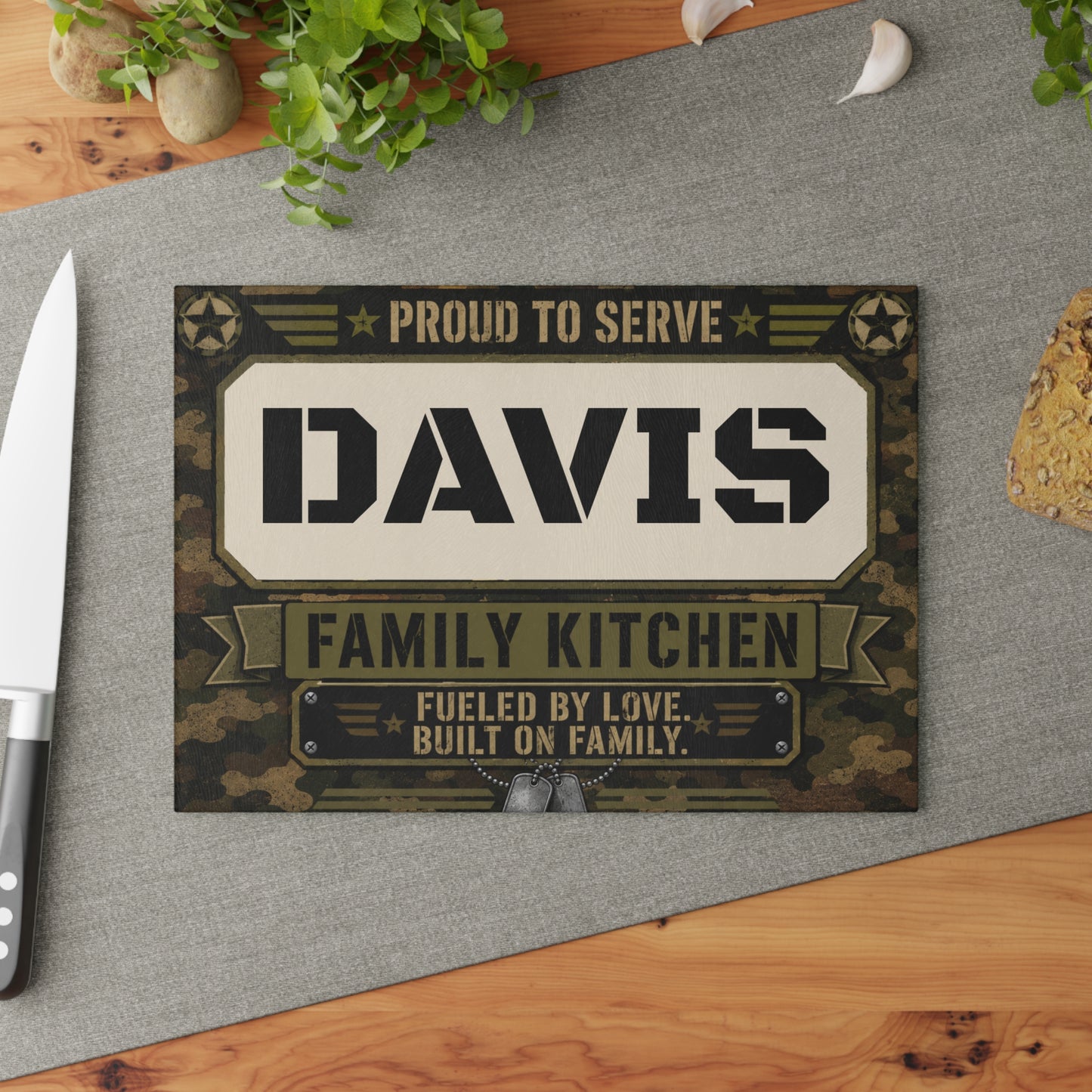 Personalized Military Camo Glass Cutting Board — “[YOUR LAST NAME] Family Kitchen: Proud to Serve”