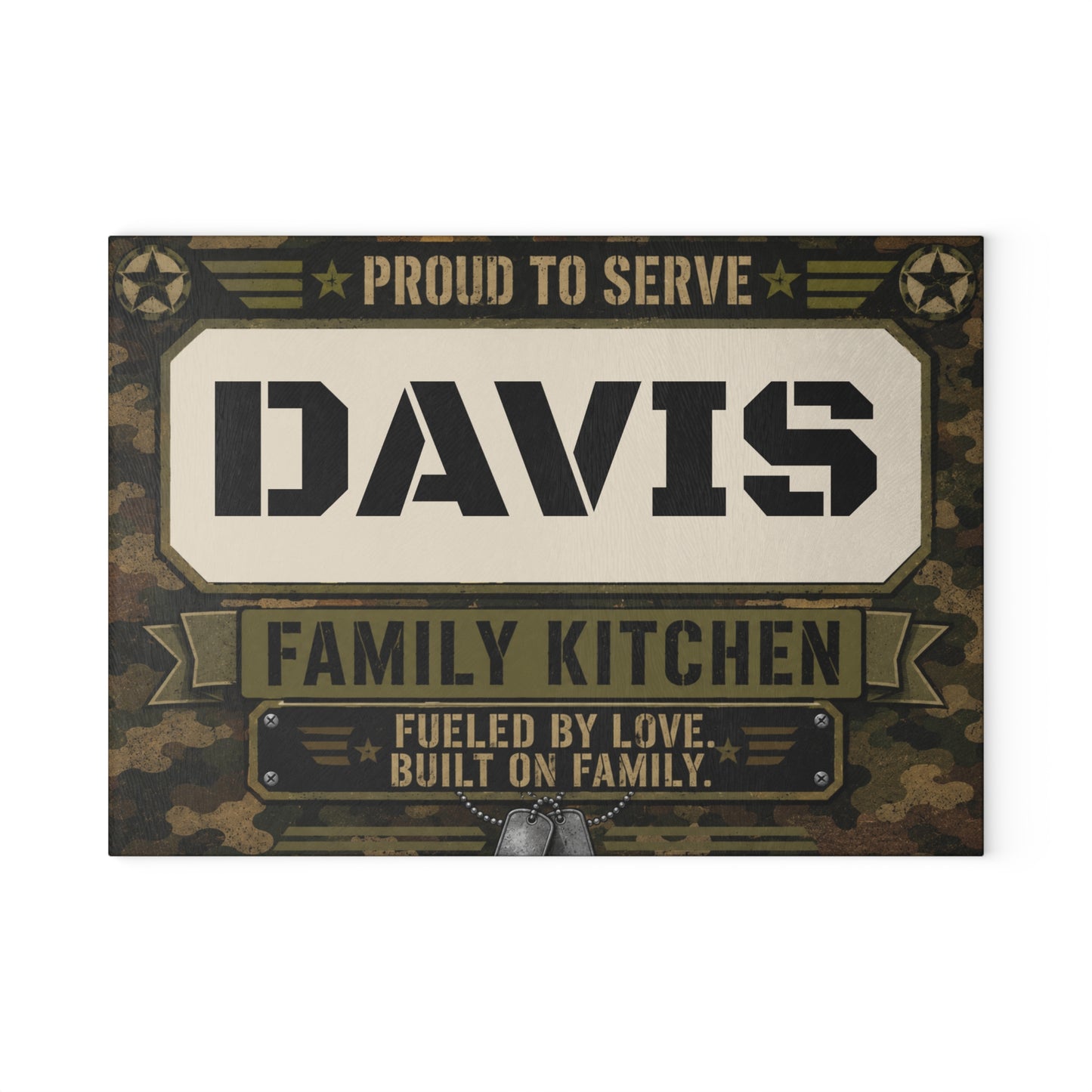 Personalized Military Camo Glass Cutting Board — “[YOUR LAST NAME] Family Kitchen: Proud to Serve”