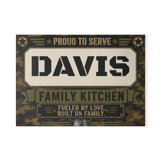 Personalized Military Camo Glass Cutting Board — “[YOUR LAST NAME] Family Kitchen: Proud to Serve”