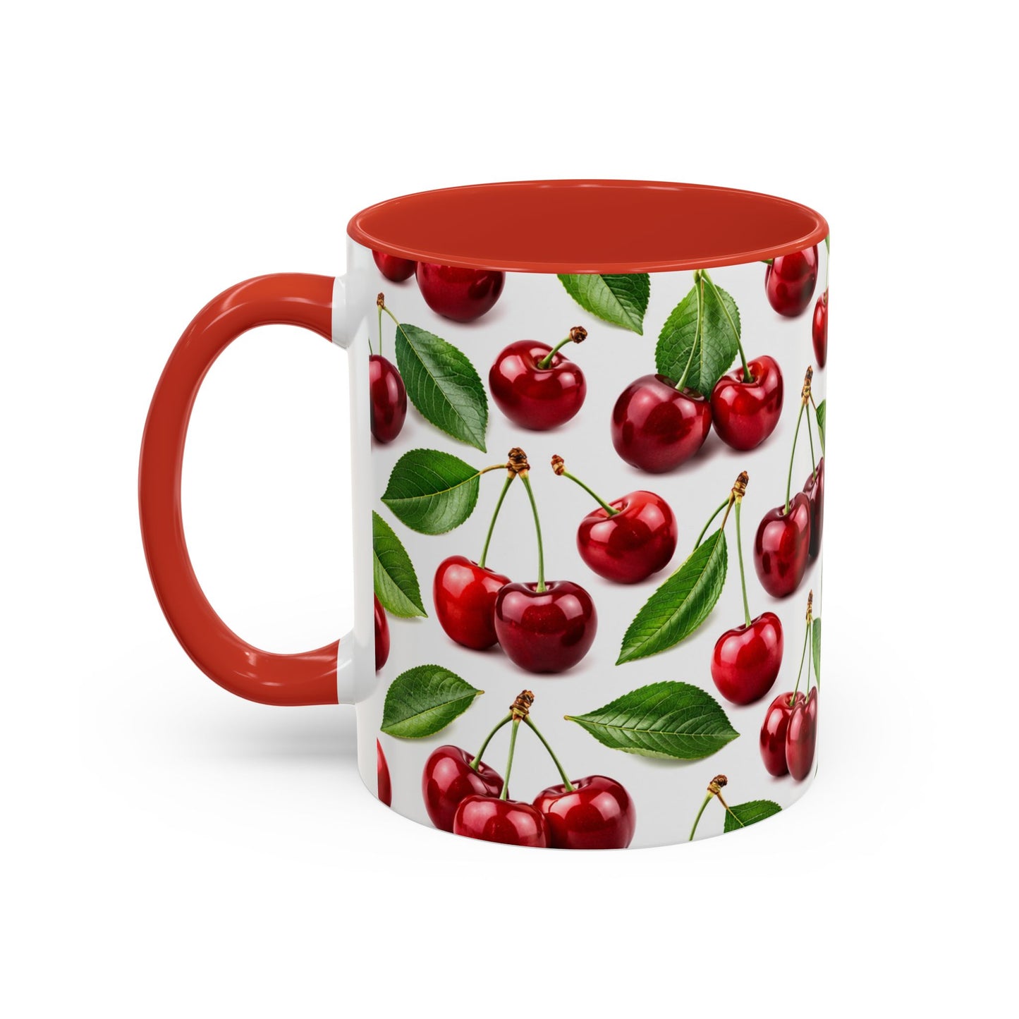 Cherry Pattern Accent Coffee Mug — Retro Red Cherry Ceramic Cup (11/15 oz)