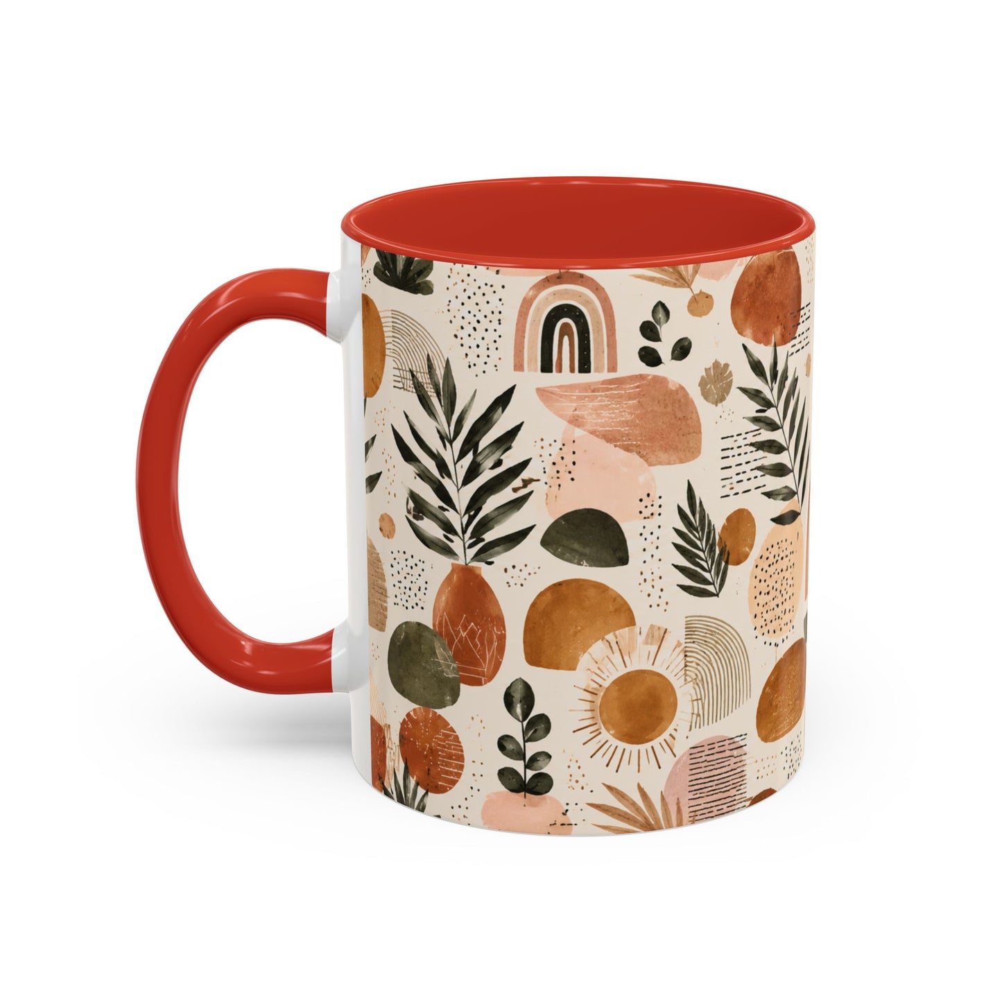 Boho Earth Tone Accent Coffee Mug — Abstract Rainbows & Plants (11/15oz)