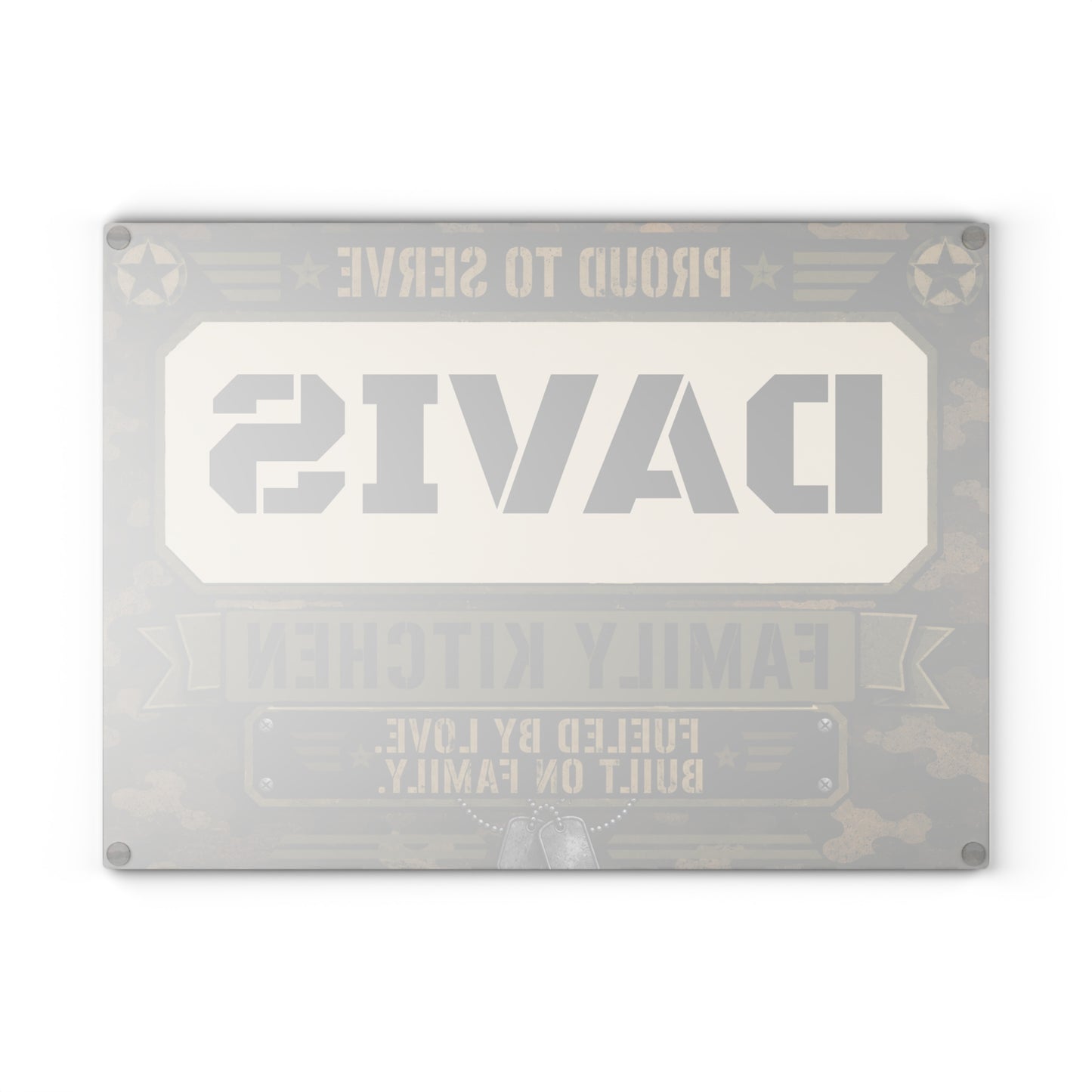 Personalized Military Camo Glass Cutting Board — “[YOUR LAST NAME] Family Kitchen: Proud to Serve”