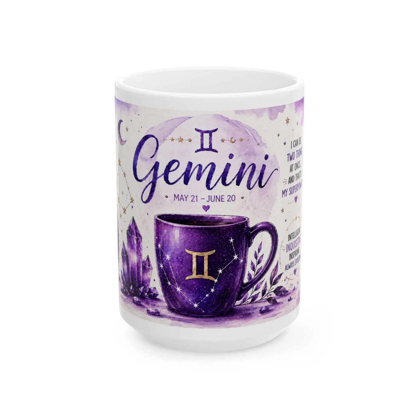 Gemini Zodiac Coffee Mug — Purple Astrology Horoscope Ceramic Mug (May 21–June 20)