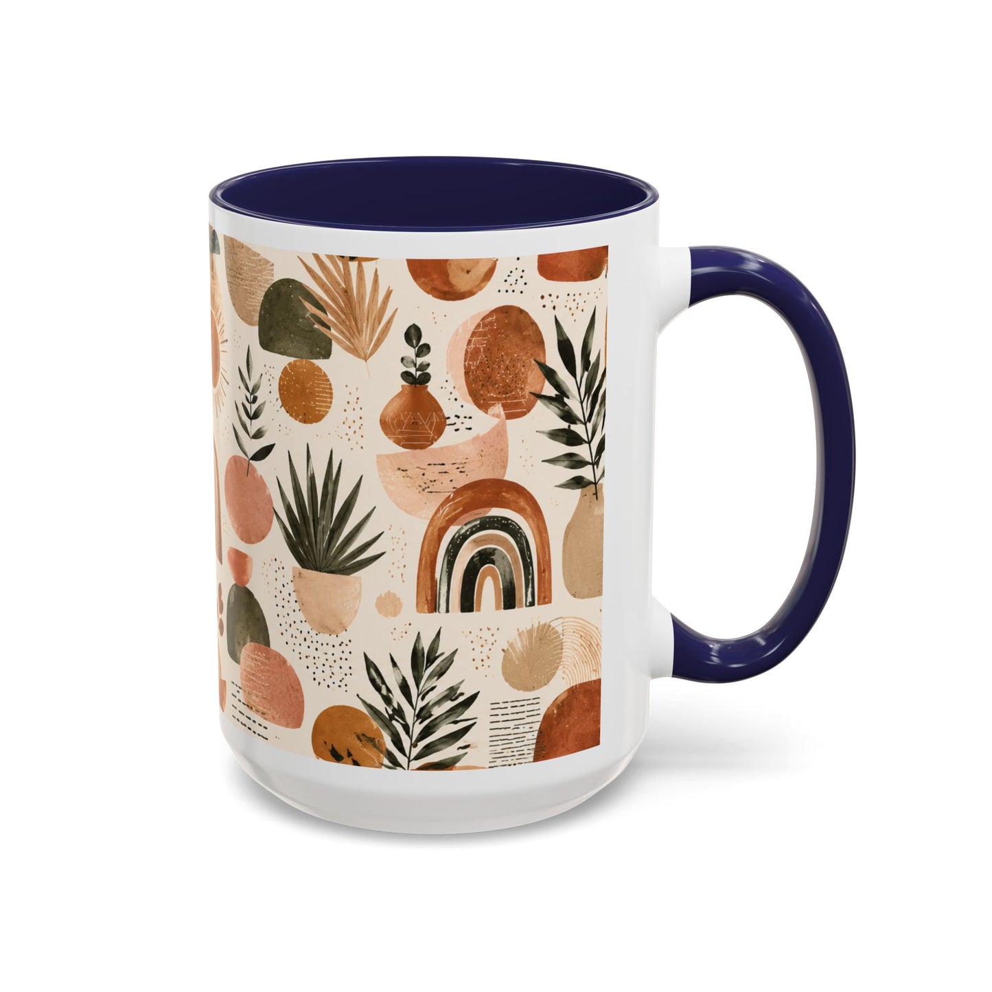 Boho Earth Tone Accent Coffee Mug — Abstract Rainbows & Plants (11/15oz)
