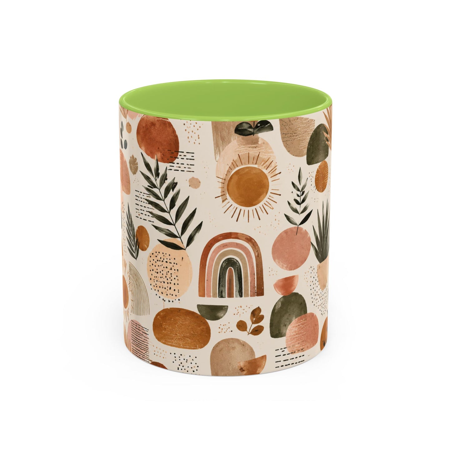 Boho Earth Tone Accent Coffee Mug — Abstract Rainbows & Plants (11/15oz)