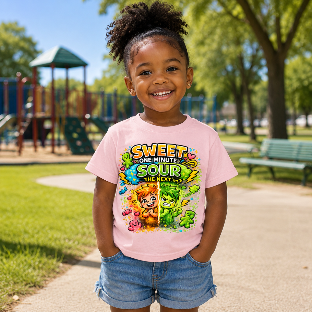Toddler T-Shirt — "Sweet One Minute, Sour The Next" Colorful Cartoon Kids Tee