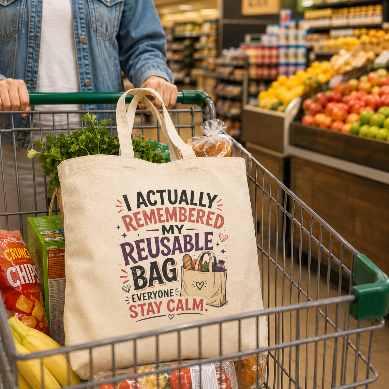 Reusable Tote Bag - “I Actually Remembered My Reusable Bag, Everyone Stay Calm” Cotton Canvas Grocery Shopper