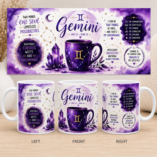 Gemini Zodiac Coffee Mug — Purple Astrology Horoscope Ceramic Mug (May 21–June 20)